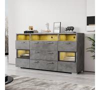 Credenza moderna grigia da 140 cm con illuminazione e ante in acrilico trasparente, 2 ante, 3 cassetti più contenitori a giorno, unità base, unità di stoccaggio, credenza, unità angolare La parte tras