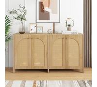 Credenza moderna in stile minimalista, 4 ante a ratti, manico in metallo, semplice armadietto a buffet per sala da pranzo, soggiorno, cucina, 145 x 40 x 80 cm (legno naturale)