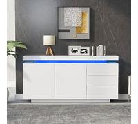 Credenza moderna per soggiorno e soggiorno, mobile a 2 ante, 3 cassetti, con luce LED, senza maniglia, 140 x 35 x 72,5 cm, colore bianco