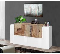 Credenza Omero, Madia da Cucina a 4 Ante, Buffet da Soggiorno, 100% Made in Italy, cm 160x45h86, Bianco Lucido e Acero