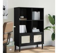 Credenza SENJA Modern Bookcase with Rattan Front, Solid Pine Wood UV Finish, 90x35x130 cm Storage Cabinet for Living Room & Bedroom, Black Boho Style Furniture with Wall Mounting Safety
