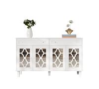 Credenza Sideboard con Struttura in MDF, Quattro Ante a Specchio con Ripiani Regolabili e Cassetti Capienti, Maniglie in Cristallo, Mobile Contenitore, Sala da Pranzo e Ingresso, Bianco, 140x40x83 cm