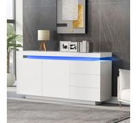 Credenza Soggiorno 140cm, Madia Soggiorno Bianco Alta Lucentezza con 16 Colori LED, 2 Ante e 3 Cassetti, Moderna Buffet Cassettiera per Sala da Pranzo, Salotto, Cucina, 140x35x72.5cm