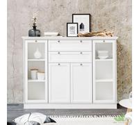 CREDENZA STILE NORDICO LEGNO BIANCO 2 VETRINE ANTE CASSETTI MADIA 160x40Xh120 CM