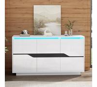 Credenze per soggiorno, con 3 porte, versatili, cassettiera con divisori regolabili, ampi armadietti senza maniglie, lucido con LED, bianco e nero, 140 x 40 x 76 cm