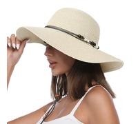 Creekstone Cappello da Sole da Donna in Paglia, Floppy Cappello da Spiaggiaa Estivo a Tesa Larga, UPF 50 UV Protezione Solare, Ripiegabile, Senza Rughe (IT, Testo, M, Beige)