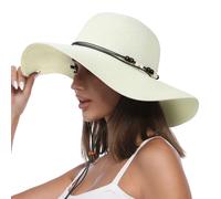 Creekstone Cappello da Sole da Donna in Paglia, Floppy Cappello da Spiaggiaa Estivo a Tesa Larga, UPF 50 UV Protezione Solare, Ripiegabile, Senza Rughe (IT, Testo, M, Avorio)