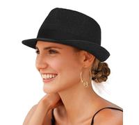 Creekstone Cappello da Sole Fedora in Paglia per Donne e Uomini a Tesa Corta Panama Trilby Cappello da Spiaggia Estivo Ripiegabile UPF 50+ (IT, Testo, L, Nero)