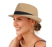 Creekstone Cappello da Sole Fedora in Paglia per Donne e Uomini a Tesa Corta Panama Trilby Cappello da Spiaggia Estivo Ripiegabile UPF 50+ (IT, Testo, L, Kaki)