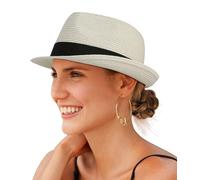 Creekstone Cappello da Sole Fedora in Paglia per Donne e Uomini a Tesa Corta Panama Trilby Cappello da Spiaggia Estivo Ripiegabile UPF 50+ (IT, Testo, L, Avorio)