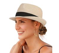 Creekstone Cappello da Sole Fedora in Paglia per Donne e Uomini a Tesa Corta Panama Trilby Cappello da Spiaggia Estivo Ripiegabile UPF 50+ (IT, Testo, L, Beige)
