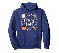 Creepy Carino Halloween Kawaii Fantasma Gatto Zucca Pipistrello Stelle Felpa con Cappuccio, Unisex per Adulti, Navy, S