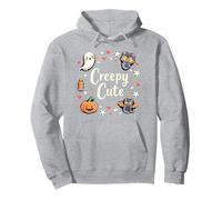 Creepy Carino Halloween Kawaii Fantasma Gatto Zucca Pipistrello Stelle Felpa con Cappuccio, Unisex per Adulti, Grigio Melange, M