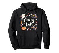 Creepy Carino Halloween Kawaii Fantasma Gatto Zucca Pipistrello Stelle Felpa con Cappuccio, Unisex per Adulti, Nero, L