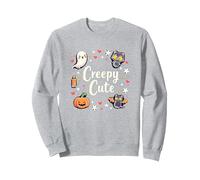 Creepy Carino Halloween Kawaii Fantasma Gatto Zucca Pipistrello Stelle Felpa, Unisex per Adulti, Grigio Melange, L