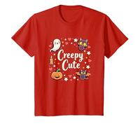 Creepy Carino Halloween Kawaii Fantasma Gatto Zucca Pipistrello Stelle Maglietta, Bambini, Rosso, 2 Anni