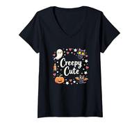 Creepy Carino Halloween Kawaii Fantasma Gatto Zucca Pipistrello Stelle Maglietta con Collo a V, Donna, Nero, L