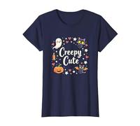 Creepy Carino Halloween Kawaii Fantasma Gatto Zucca Pipistrello Stelle Maglietta, Donna, Navy, XL