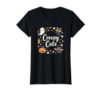 Creepy Carino Halloween Kawaii Fantasma Gatto Zucca Pipistrello Stelle Maglietta, Donna, Nero, XS