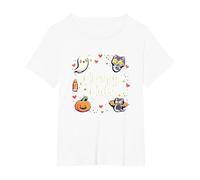 Creepy Carino Halloween Kawaii Fantasma Gatto Zucca Pipistrello Stelle Maglietta, Donna Plus-Size, Bianco, 2X