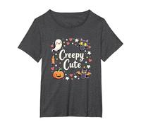Creepy Carino Halloween Kawaii Fantasma Gatto Zucca Pipistrello Stelle Maglietta, Donna Plus-Size, Grigio Scuro, 2X