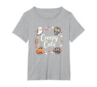 Creepy Carino Halloween Kawaii Fantasma Gatto Zucca Pipistrello Stelle Maglietta, Donna Plus-Size, Grigio Melange, 2X
