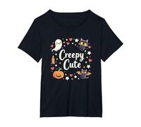 Creepy Carino Halloween Kawaii Fantasma Gatto Zucca Pipistrello Stelle Maglietta, Donna Plus-Size, Nero, 2X