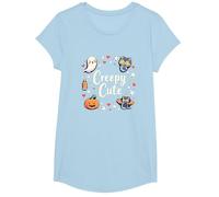 Creepy Carino Halloween Kawaii Fantasma Gatto Zucca Pipistrello Stelle Maglietta, Ragazze, Celeste, L