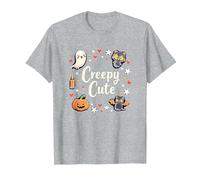 Creepy Carino Halloween Kawaii Fantasma Gatto Zucca Pipistrello Stelle Maglietta, Uomo, Grigio Melange, 6XL