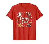 Creepy Carino Halloween Kawaii Fantasma Gatto Zucca Pipistrello Stelle Maglietta, Uomo, Rosso, 3XL