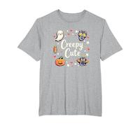 Creepy Carino Halloween Kawaii Fantasma Gatto Zucca Pipistrello Stelle Maglietta, Uomo Taglie Grandi, Grigio Melange, 2X Tall