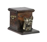 Cremation urn for ashes made of birch wood with bronze figurine new empty / Urna