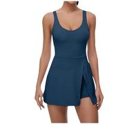 CreoQIJI Abito da donna corto da tennis, vestito sportivo con scollo a U e pantaloncini integrati, per mini abito svasato a impulso, Blu marino, L