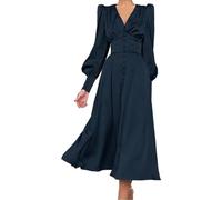 CreoQIJI Abito da sera da donna, elegante, lungo, con spacco, a maniche lunghe, sexy, con scollo a V, maxi abito lungo fino a terra, slim fit, a vita alta, tinta unita, con schiena scoperta, Y1-blu, S