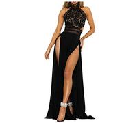 CreoQIJI Abito da sera da donna, sexy, trasparente, in pizzo, con spacco, lungo, senza maniche, vestibilità aderente, elegante, tinta unita, da cocktail, da cocktail, Nero , L