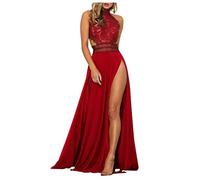 CreoQIJI Abito da sera da donna, sexy, trasparente, in pizzo, con spacco, lungo, senza maniche, vestibilità aderente, elegante, tinta unita, da cocktail, da cocktail, Colore: rosso, S