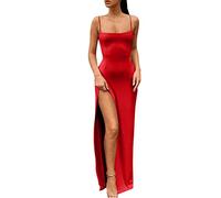 CreoQIJI Abito da sera da donna, sexy, trasparente, in pizzo, con spacco, lungo, senza maniche, vestibilità aderente, elegante, tinta unita, da cocktail, da cocktail, X1-rosso, S