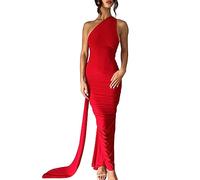 CreoQIJI Abito da sera da donna, sexy, trasparente, in pizzo, con spacco, lungo, senza maniche, vestibilità aderente, elegante, tinta unita, da cocktail, da cocktail, X3-rosso, L