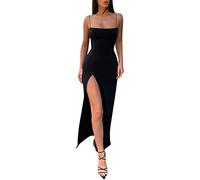 CreoQIJI Abito da sera da donna, sexy, trasparente, in pizzo, con spacco, lungo, senza maniche, vestibilità aderente, elegante, tinta unita, da cocktail, da cocktail, X1 nero., XL