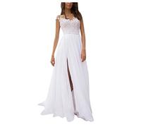 CreoQIJI Abito da sposa da donna, in chiffon, elegante, da sera, sexy, con spalle scoperte, senza maniche, a vita alta, con spacco laterale a terra, lunghezza da ballo, maxi abito da sera, bianco, L