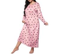 CreoQIJI Camicia da notte da donna in pile, taglie forti, casual, con stampa a cuore, a maniche lunghe, girocollo, media, elasticizzata, da notte