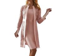 CreoQIJI Donne 2023 Cardigan in pizzo tinta unita abito giacca due pezzi Set parka invernale donna 48, Colore: rosa., XXL