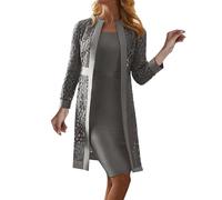 CreoQIJI Donne 2023 Cardigan in pizzo tinta unita abito giacca due pezzi Set parka invernale donna 48, grigio., M