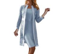CreoQIJI Donne 2023 Cardigan in pizzo tinta unita abito giacca due pezzi Set parka invernale donna 48, Blu, 3XL