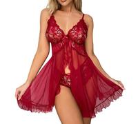 CreoQIJI Lingerie Sexy Open Front Dress Lace Chemise Sleepwear Mesh Nightgown with Thong Bikini Top Mesh Mesh, Colore: rosso, L