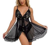 CreoQIJI Lingerie Sexy Open Front Dress Lace Chemise Sleepwear Mesh Nightgown with Thong Bikini Top Mesh Mesh, Nero , XL