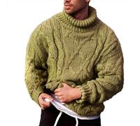 CreoQIJI Maglione da uomo in lana nera da uomo | maglione invernale in lana a collo alto, da uomo, slim fit, caldo, maglione in lana vergine, verde, L