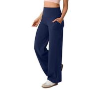 CreoQIJI Pantaloni da donna a vita alta, a gamba larga, per il tempo libero, lunghi, estivi, con tasche, casual, elasticizzati, leggeri, pantaloni sportivi con elastico in vita, Blu marino, XL