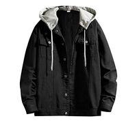 CreoQIJI Uomo Estate Uomo Primavera e Autunno Tempo Libero Fibbia Monocolore con Cappuccio Giacca di Jeans Cappotto Uomo Bomber Giacca Inverno Jeans, Nero , XL