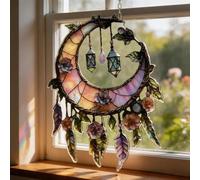 Crescent Moon Lanterns & Flowers Acrylic Sun Catcher,Hand-Painted Moon and Floral Window Decor,Crescent MoonAcrylic Sun Catcher with Stained Glass Effect,Boho Art for Bedroom,Garden Home Decor Gift